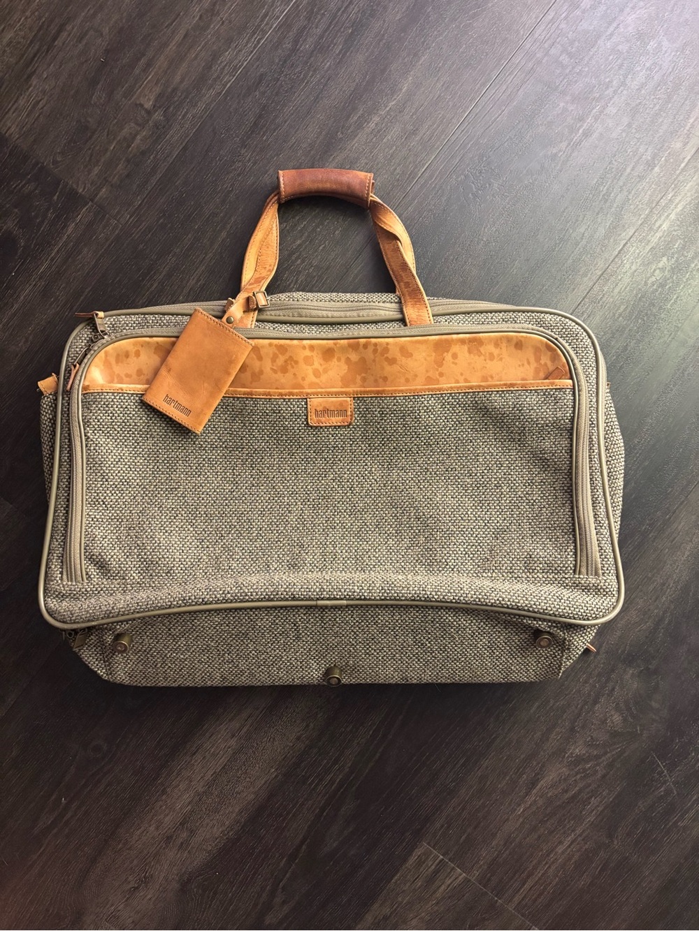 Vintage Hartmann Luggage Tweed Leather Travel Weekend  Bag w/ Name Tag